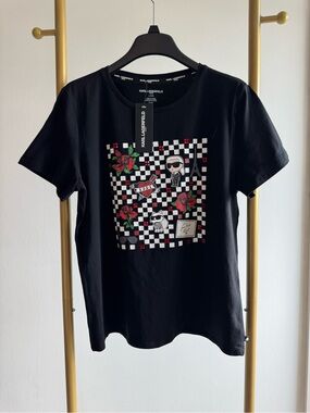 Karl Lagerfeld Black Graphic Tee with Red Rose & Checkered Print